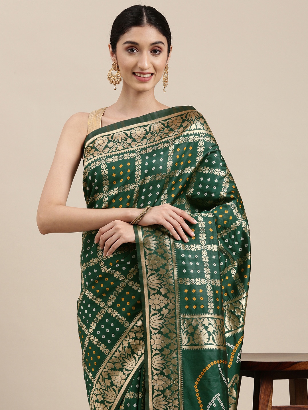 

Mitera Green & Golden Silk Blend Bandhani Saree