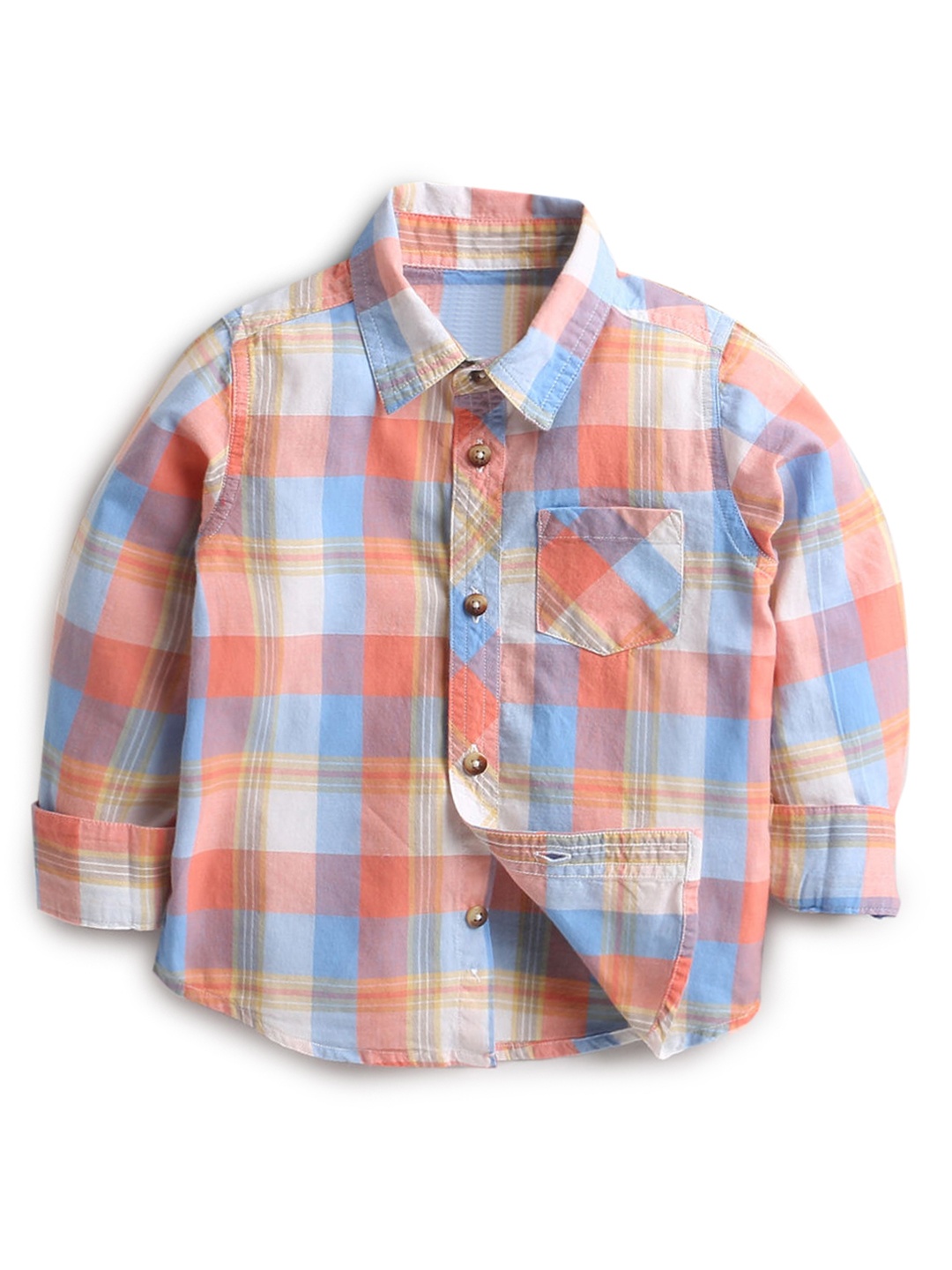 

Hopscotch Boys Peach-Coloured & Blue Checked Pure Cotton Casual Shirt