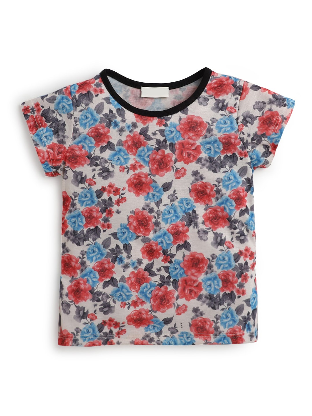 

Hopscotch Girls Off White & Blue Floral Printed T-shirt