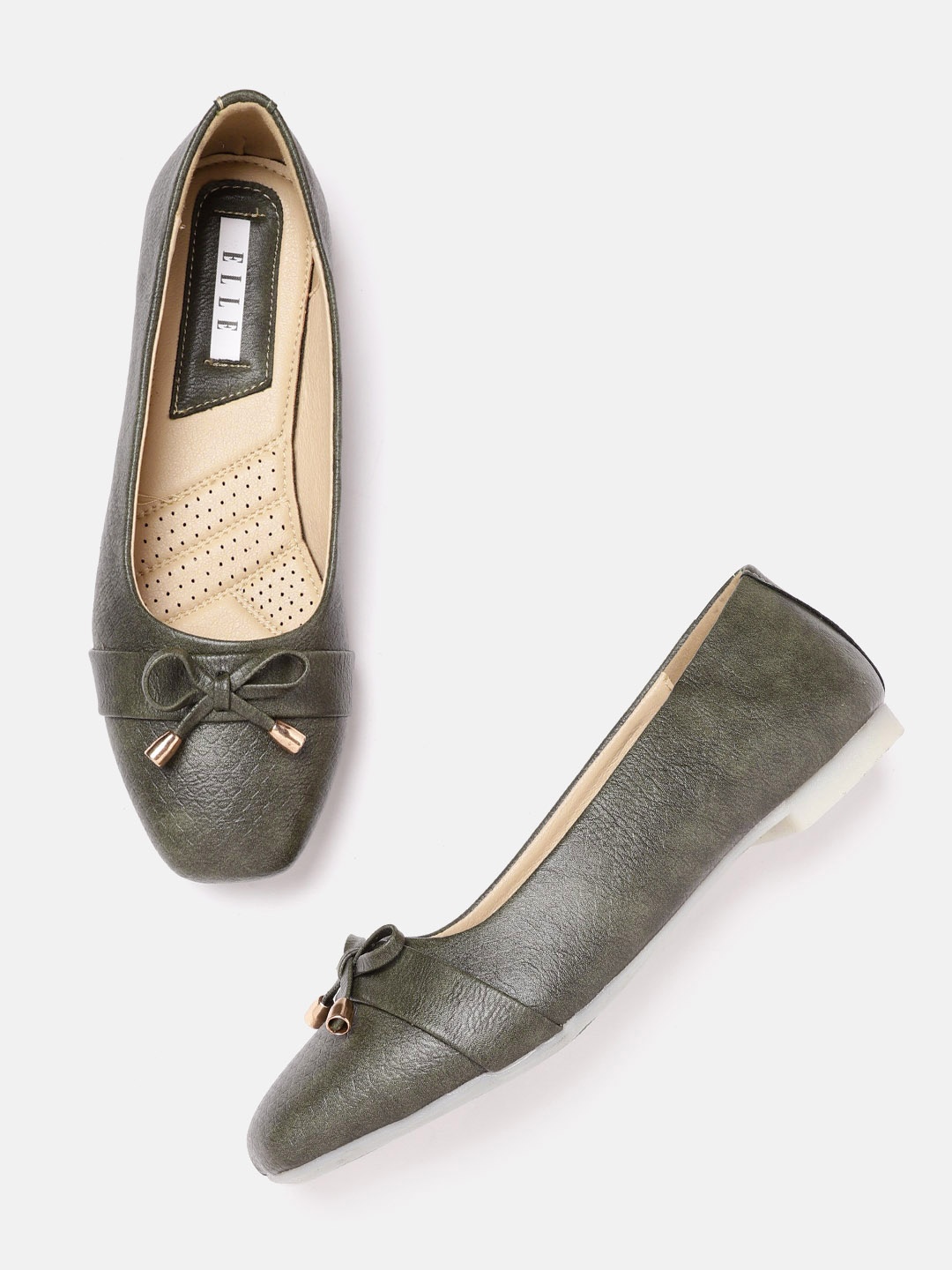 

ELLE Women Olive Green Snakeskin Textured Ballerinas with Bows