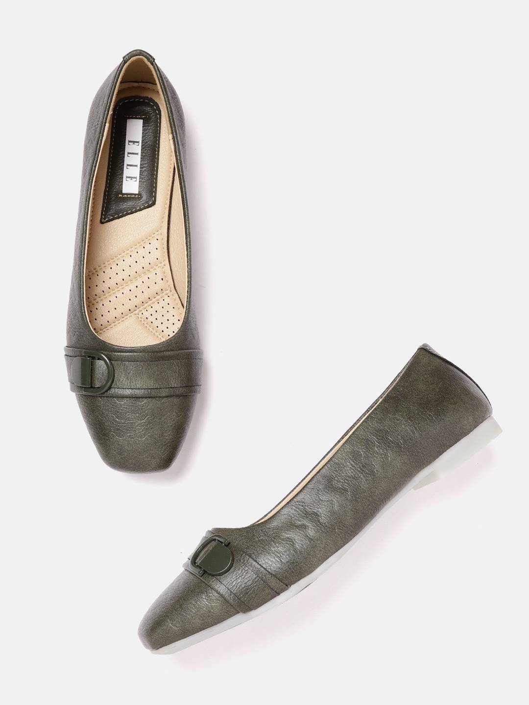 

ELLE Women Olive Green Textured Ballerinas with Buckle Detail
