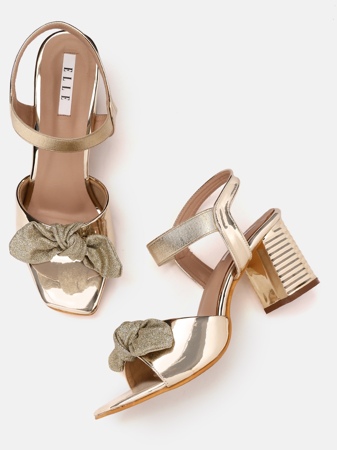 

ELLE Gold-Toned Solid Block Heels with Bow Detail