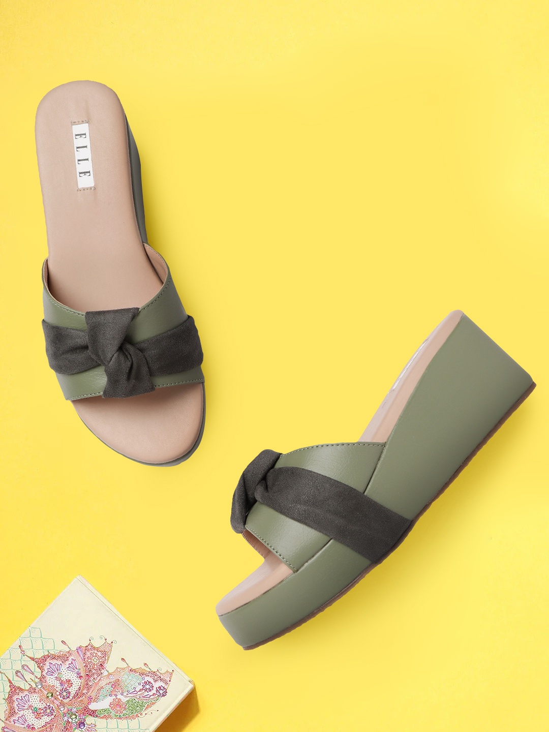 

ELLE Olive Green Solid Wedges with Bow Detail