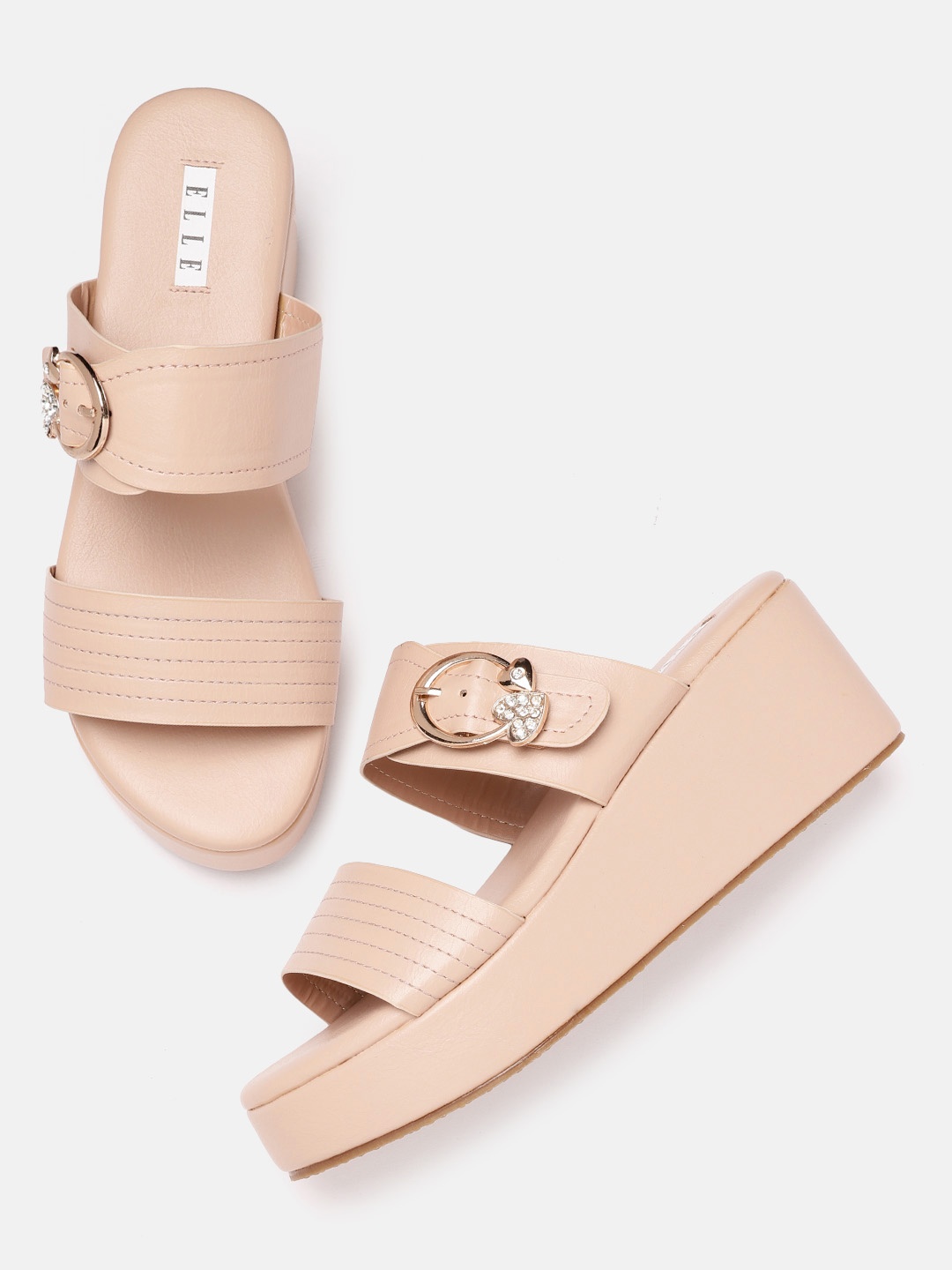 

ELLE Peach-Coloured Thread Work Wedges with Buckles