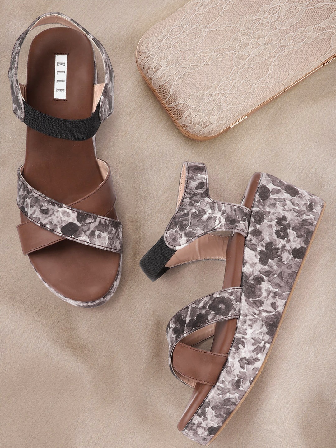 

ELLE Coffee Brown & Off White Floral Printed Wedges with Criss-Cross Detail