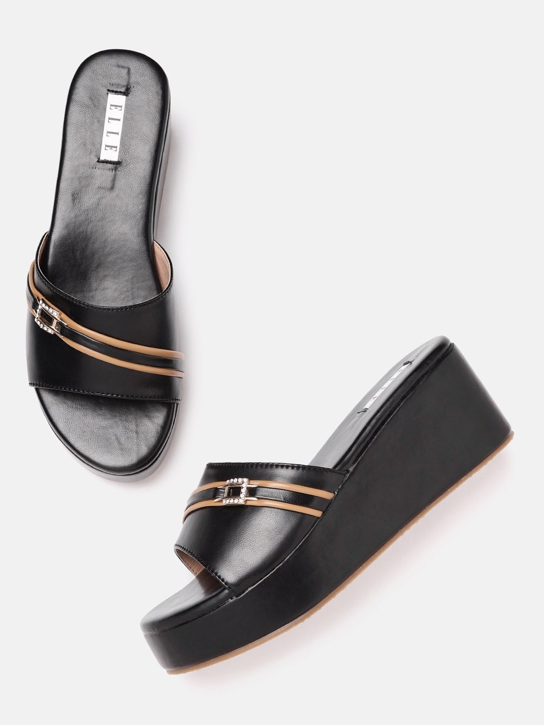 

ELLE Black & Beige Striped Wedges with Buckles