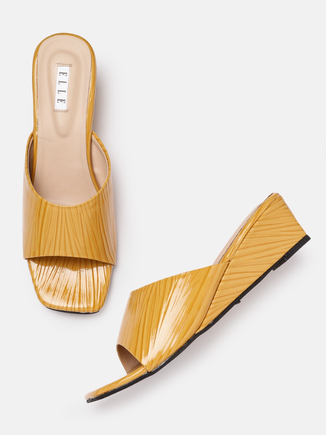 

ELLE Women Mustard Yellow Printed & Textured Wedge Heels