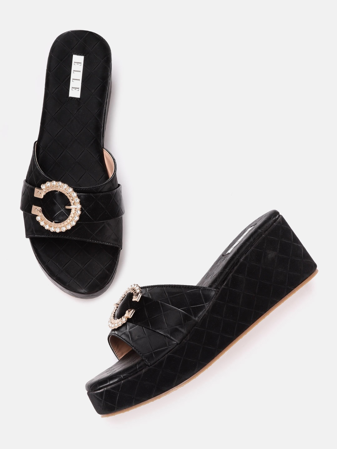

ELLE Black Self Checked Wedges with Buckles