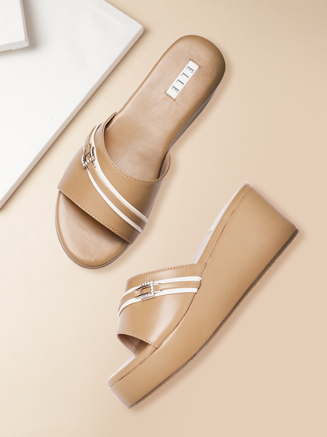 

ELLE Beige & Off White Striped Wedges with Buckles