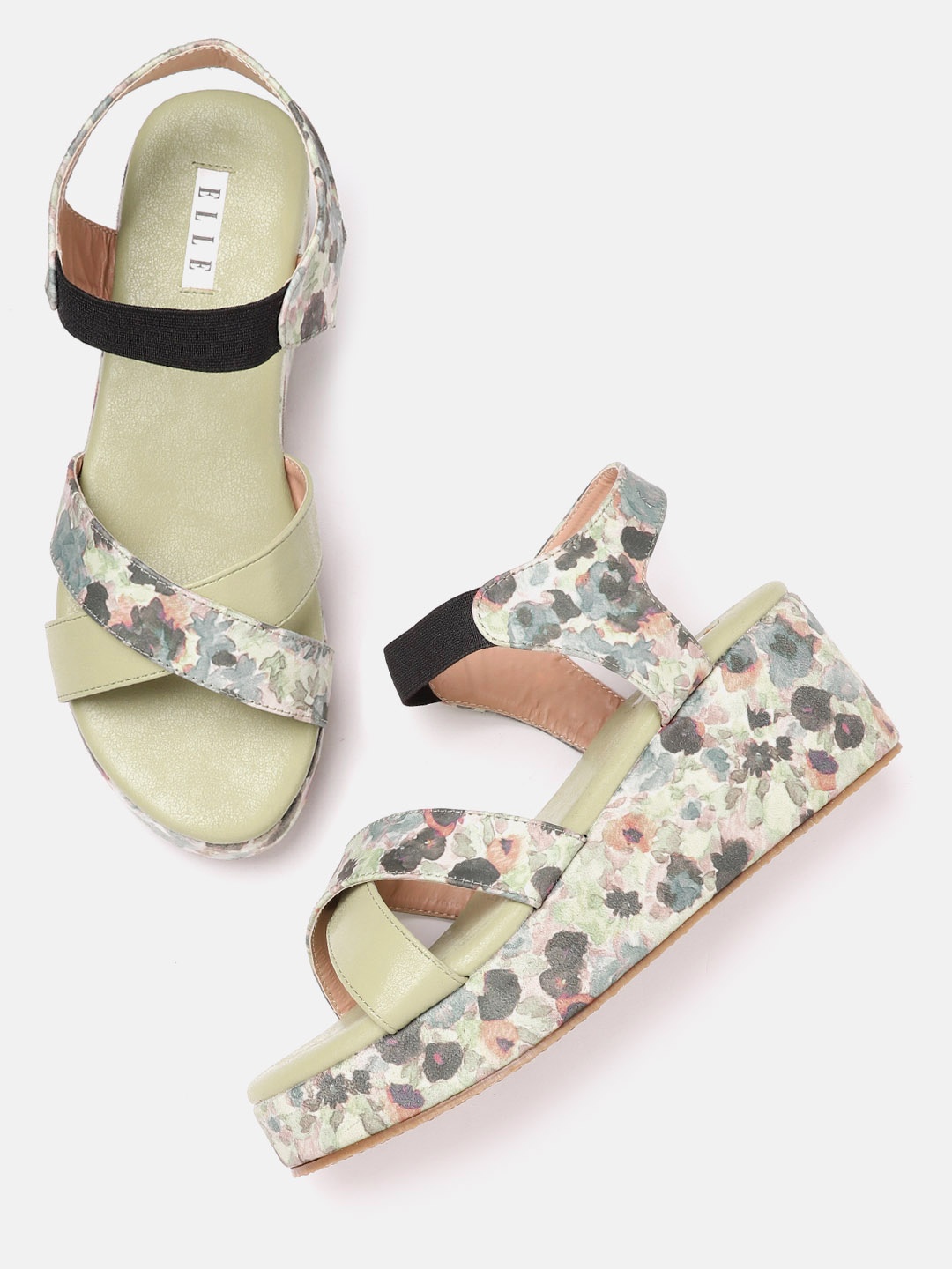 

ELLE Mint Green & Off White Floral Printed Criss-Cross Wedges