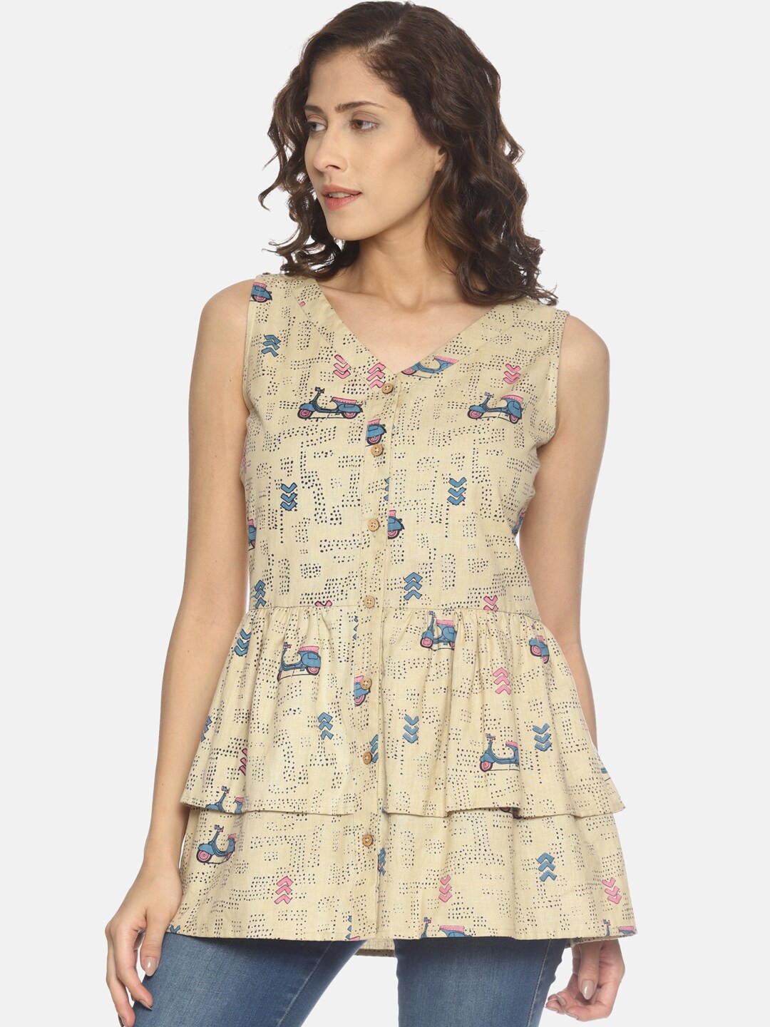 

UNTUNG Women Cream-Coloured Floral Printed Layered Peplum Top