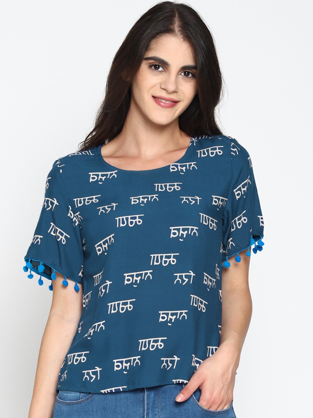 

UNTUNG Women Blue Typography Print Top