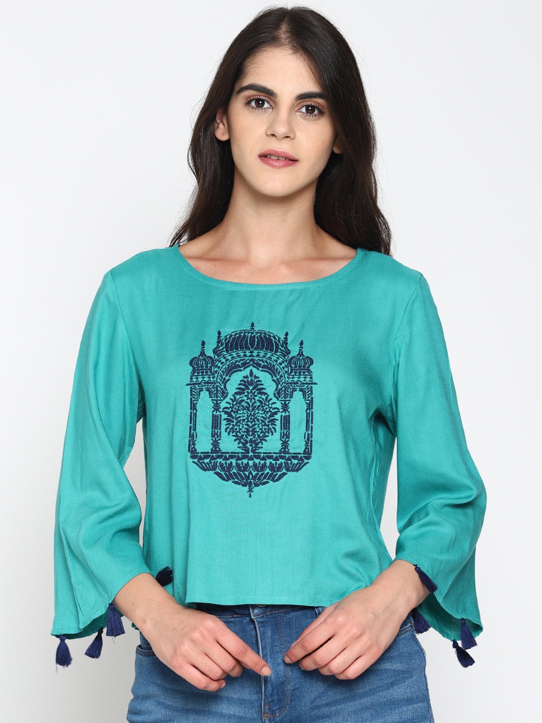 

UNTUNG Turquoise Blue & Navy Blue Embroidered Top
