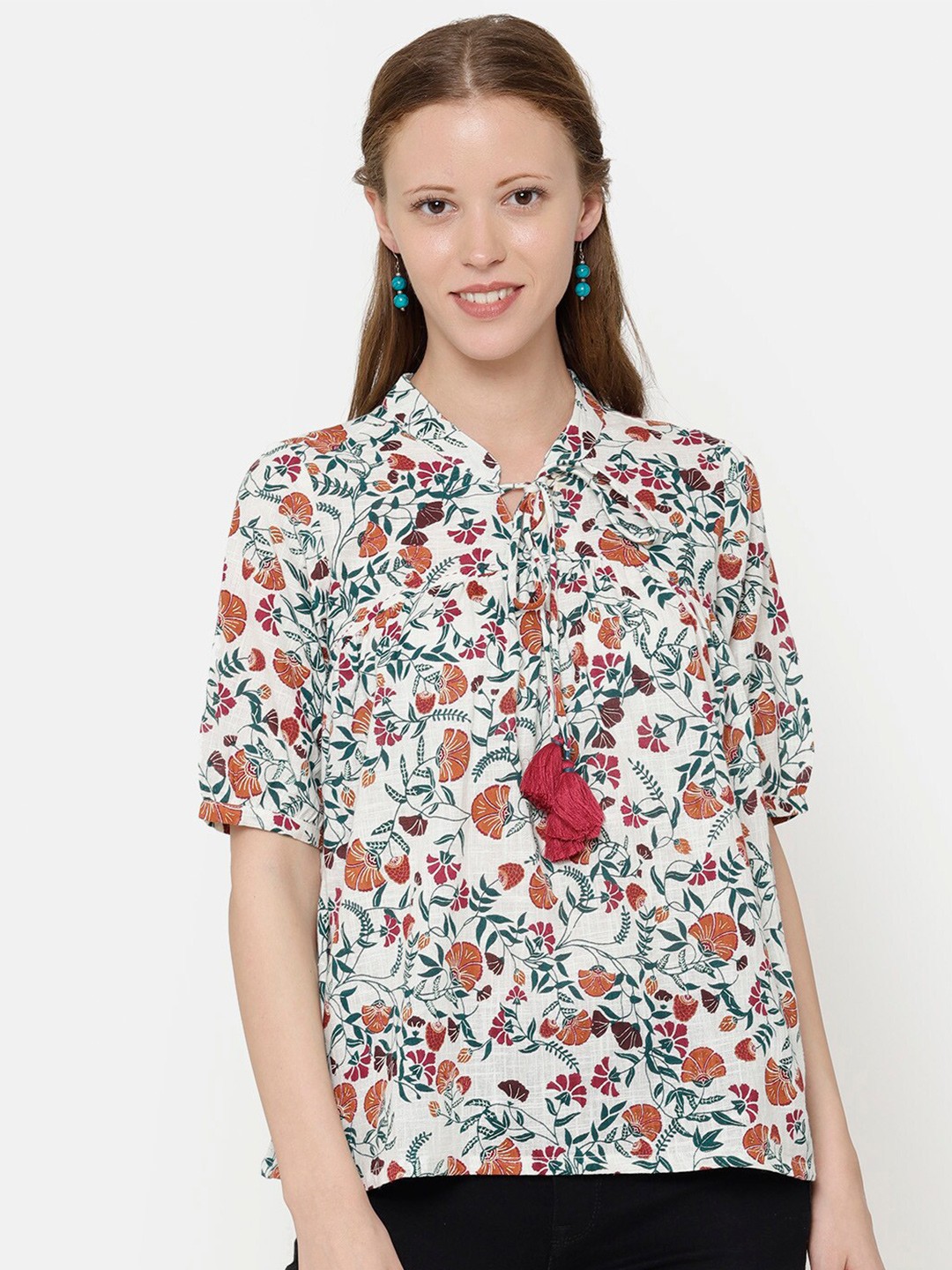 

UNTUNG Women White & Orange Floral Print Cotton Peplum Top