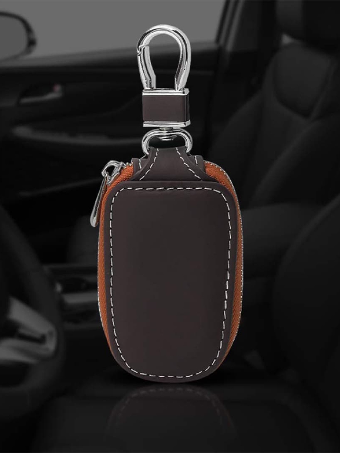 

CONTACTS Brown Textured Leather Car Remote Key chain