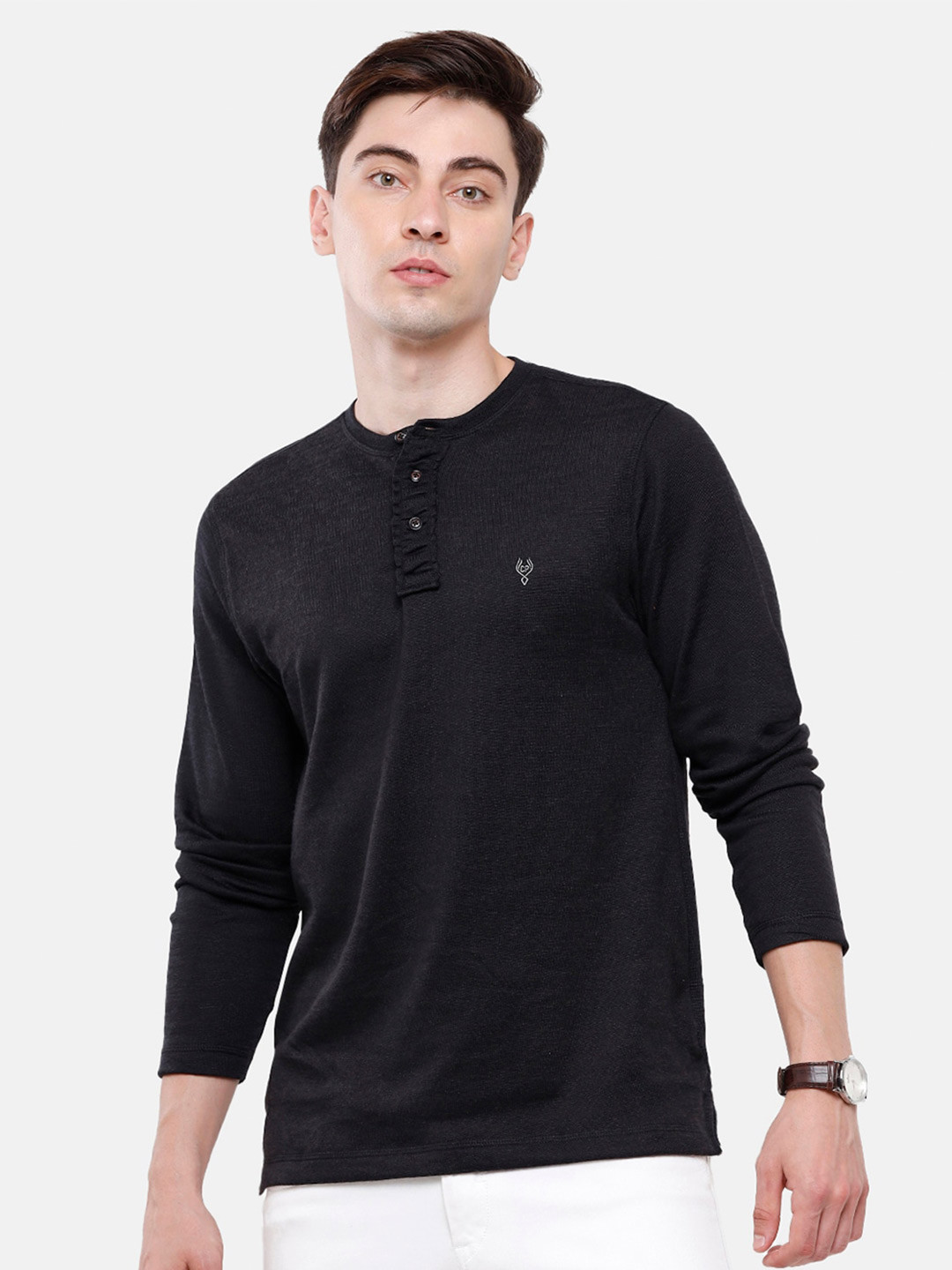 

Classic Polo Men Black Henley Neck Slim Fit Pure Cotton T-shirt