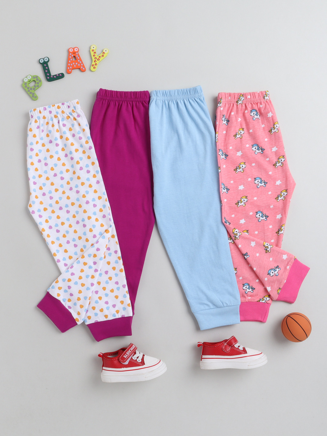 

BUMZEE Girls Pack Of 4 Printed Regular Fit Full Length Cotton Joggers, White