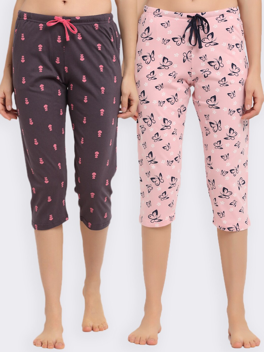 

Kanvin Women Pack Of 2 Printed Pure Cotton Three Fourth-Length Lounge Pants, Pink