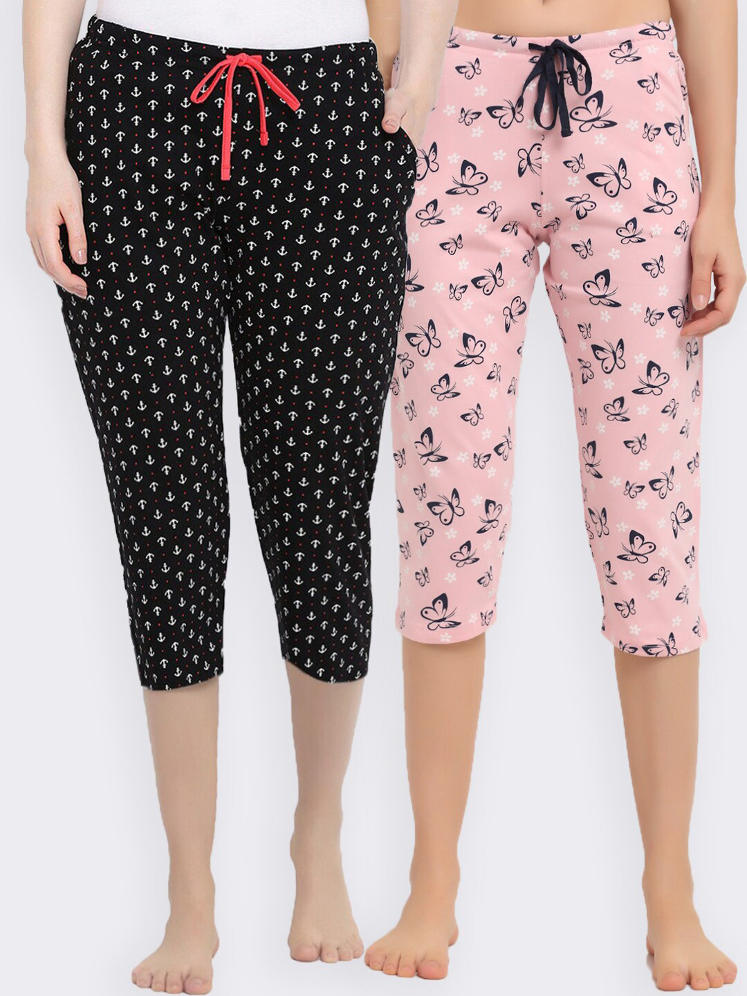 

Kanvin Women Pink & Black Pack Of 2 Printed Pure Cotton Straight Capri Lounge Pants