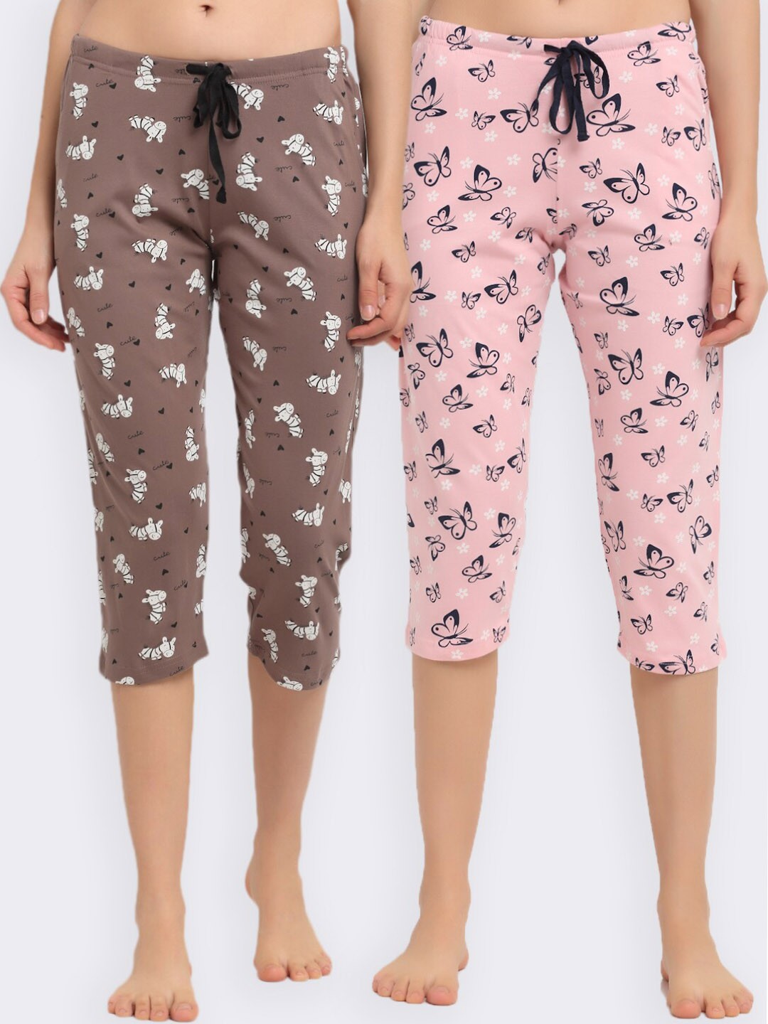 

Kanvin Pack Of 2 Printed Cotton Cropped Lounge Pants, Pink