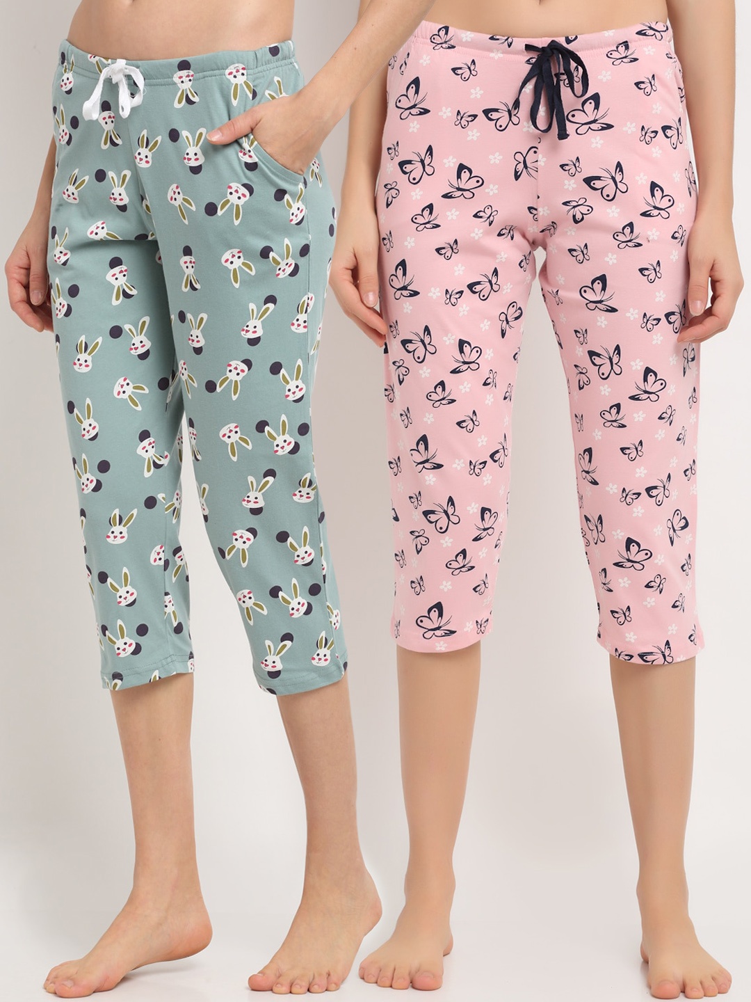 

Kanvin Women Pack Of 2 Printed Pure Cotton Lounge Pants, Pink