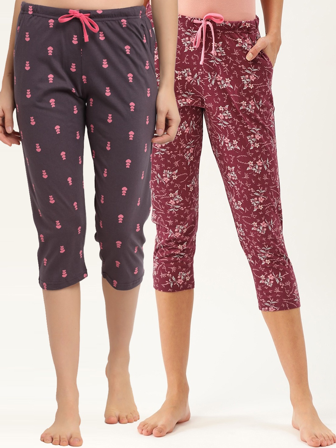 

Kanvin Women Pack of 2 Printed Pure Cotton Capri Lounge Pants, Maroon