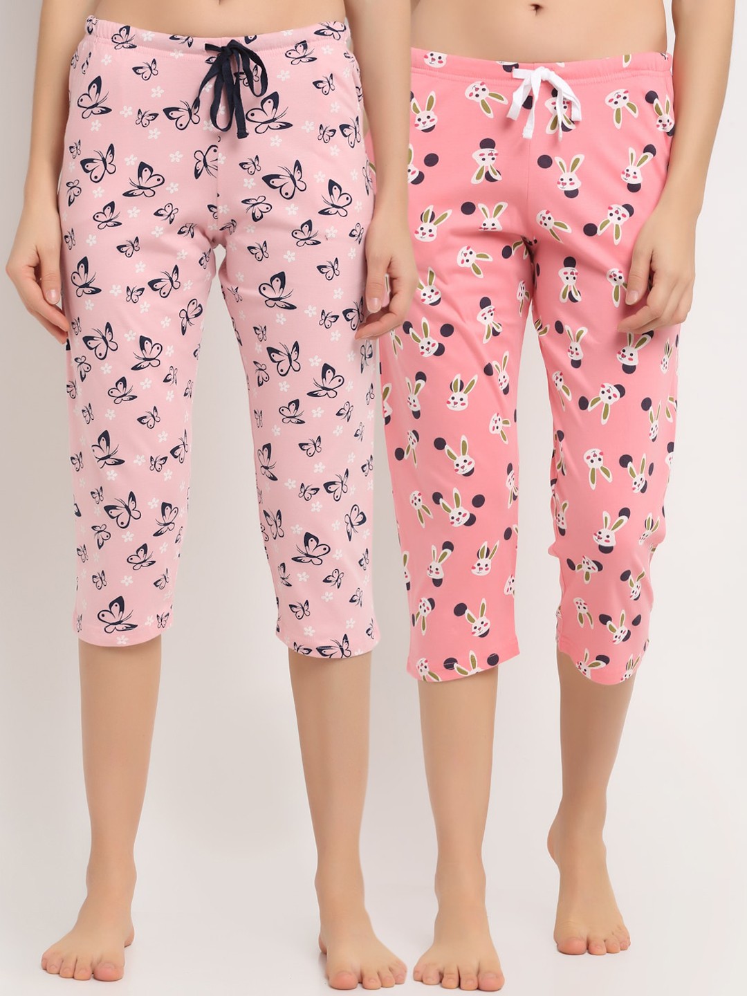 

Kanvin Women Pack of 2 Printed Pure Cotton Capri Lounge Pants, Pink