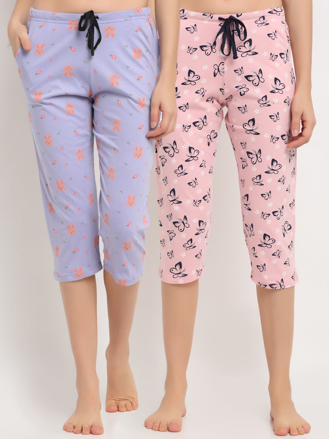 

Kanvin Women Pack of 2 Purple & Peach Colored Printed Cotton Lounge Pants