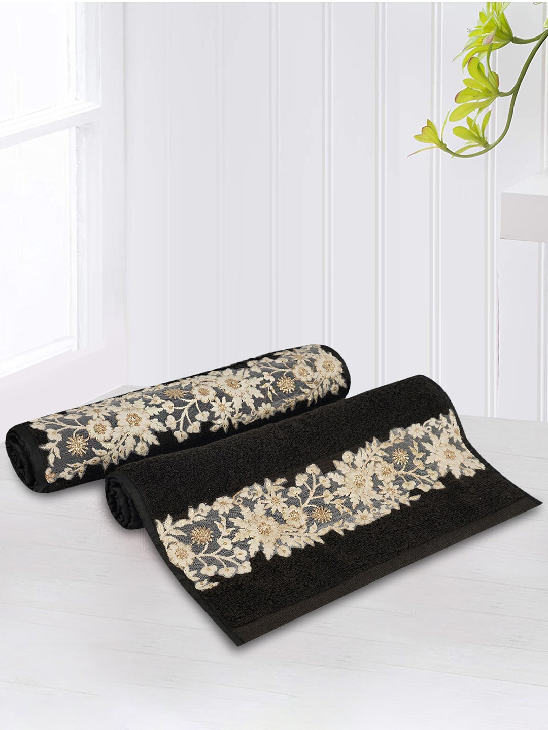 

LUSH & BEYOND Black Set Of 2 Solid 500 GSM Anti Bacterial Pure Cotton Hand Towels