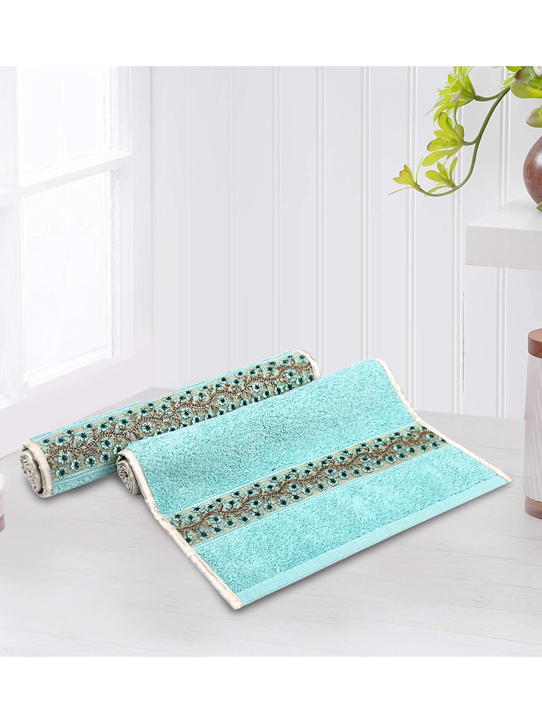 

LUSH & BEYOND Set Of 2 Turquoise Blue Solid 500 GSM Pure Cotton Hand Towels