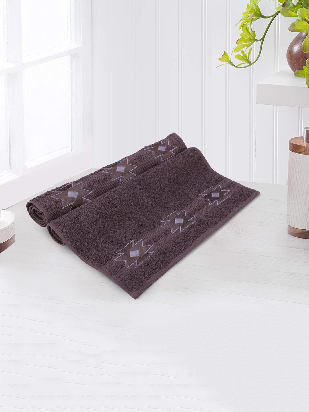 

LUSH & BEYOND Dark Mauve Set Of 2 Solid 500 GSM Cotton Hand Towels with Embroidery