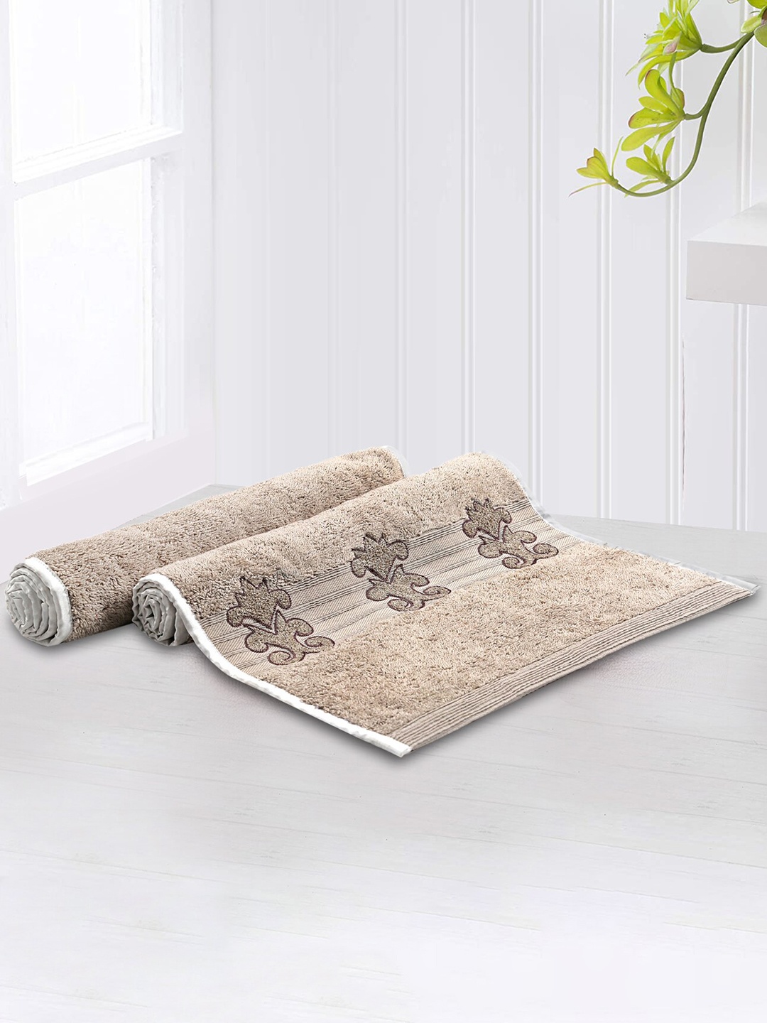 

LUSH & BEYOND Beige Set Of 2 Solid 500 GSM Pure Cotton Hand Towels with Embroidery