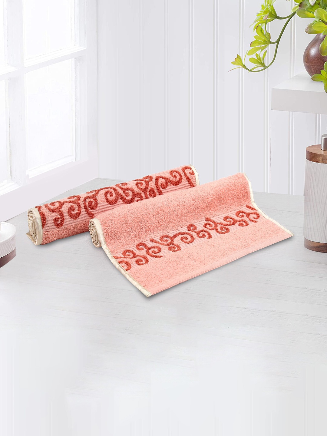 

LUSH & BEYOND Set Of 2 Peach Solid 500 GSM Pure Cotton Hand Towels