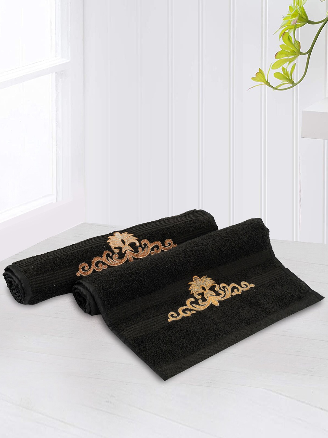 

LUSH & BEYOND Black Set Of 2 Solid 500 GSM Pure Cotton Hand Towels with Embroidered Detail