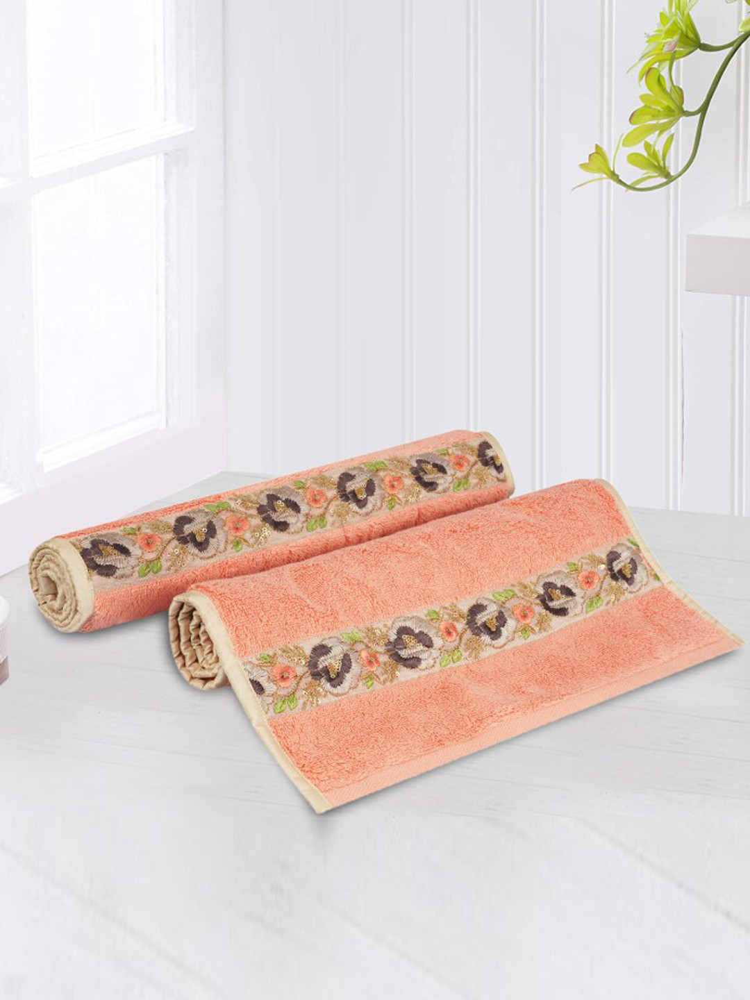 

LUSH & BEYOND Set Of 2 Peach-Coloured Solid 500 GSM Pure Cotton Hand Towels