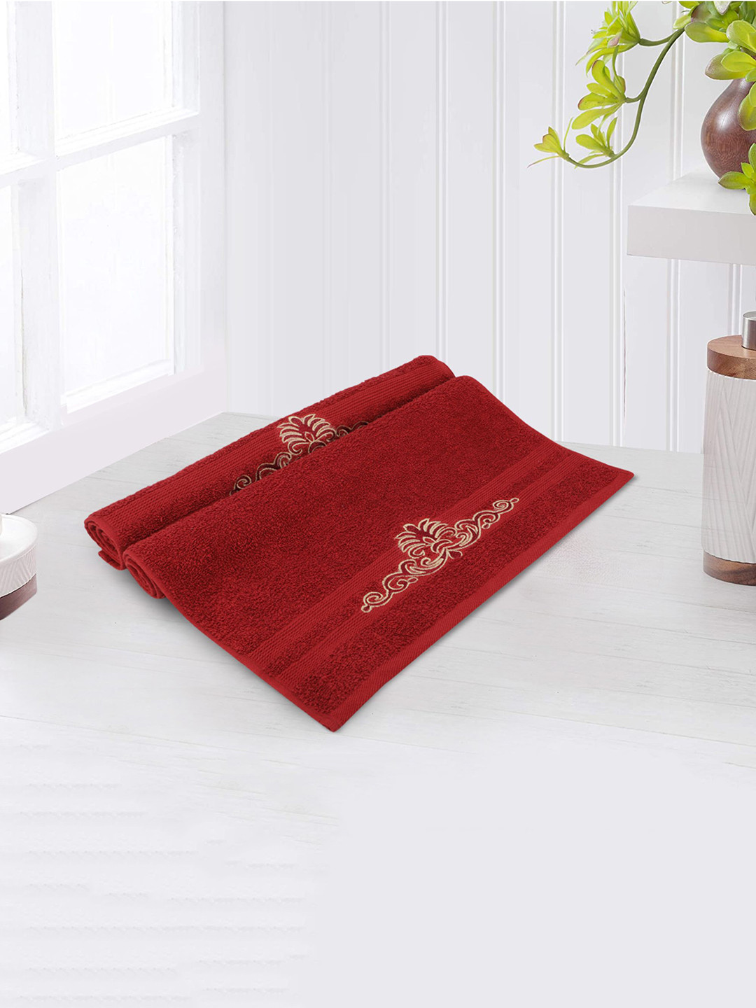 

LUSH & BEYOND Set Of 2 Red Solid 500 GSM Pure Cotton Hand Towels