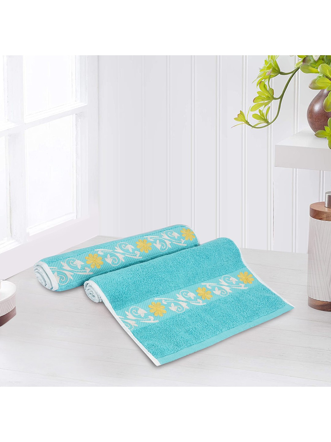 

LUSH & BEYOND Set Of 2 Blue & Yellow Printed 500 GSM Pure Cotton Hand Towels