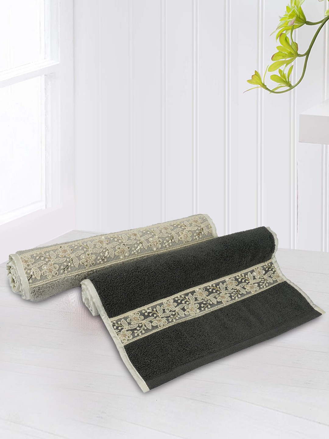 

LUSH & BEYOND Charcoal Grey Set Of 2 Solid 500 GSM Pure Cotton Hand Towels with Embroidery