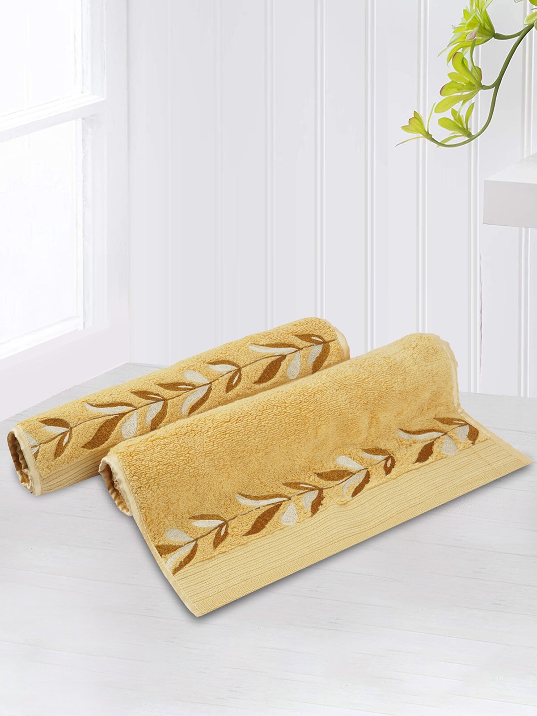 

LUSH & BEYOND Set Of 2 Yellow & Brown Printed 500 GSM Pure Cotton Hand Towels