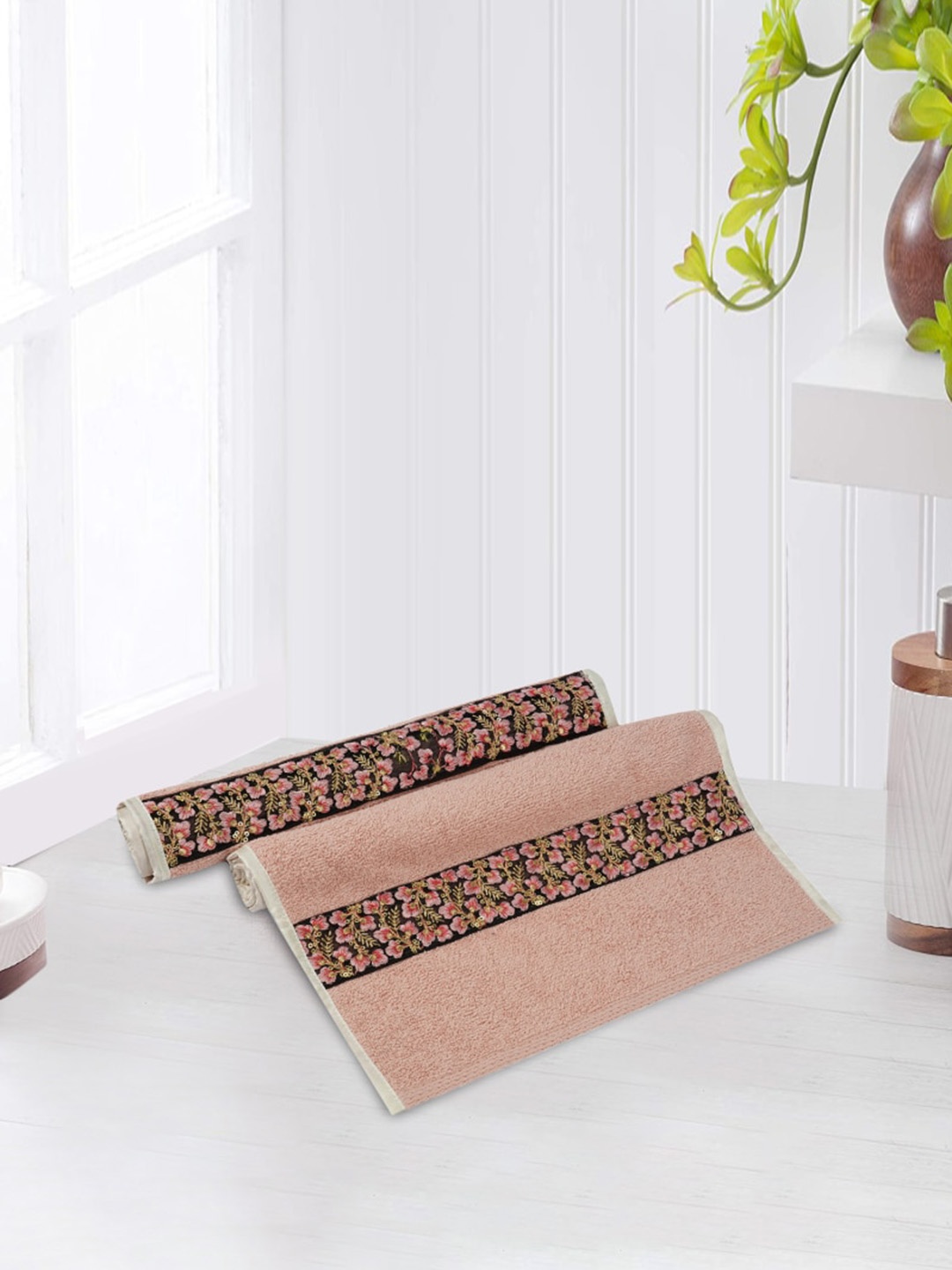 

LUSH & BEYOND Set Of 2 Peach & Pink Solid 500 GSM Pure Cotton Hand Towels
