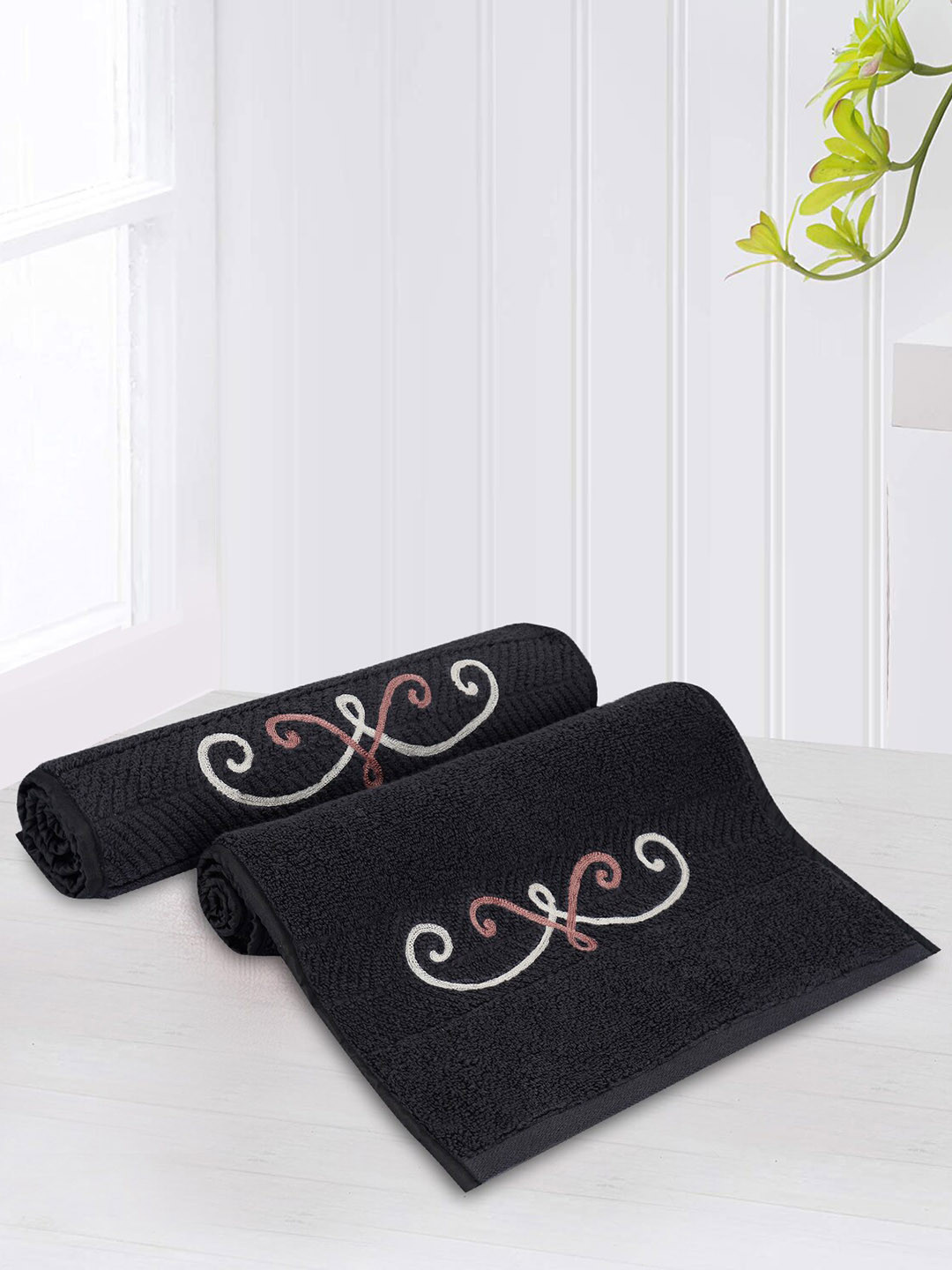 

LUSH & BEYOND Charcoal Black Set Of 2 Solid 500 GSM Cotton Hand Towels with Embroidery
