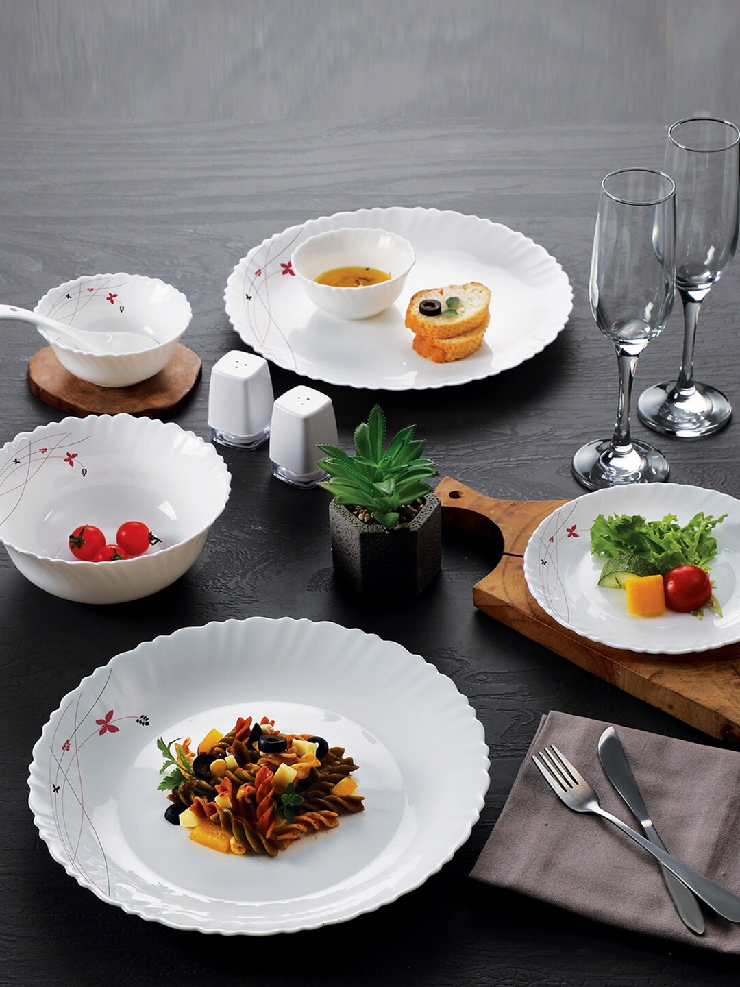 

Cello White & Red 5 Pieces Dazzle Lush Fiesta Opalware Glossy Dinner Set