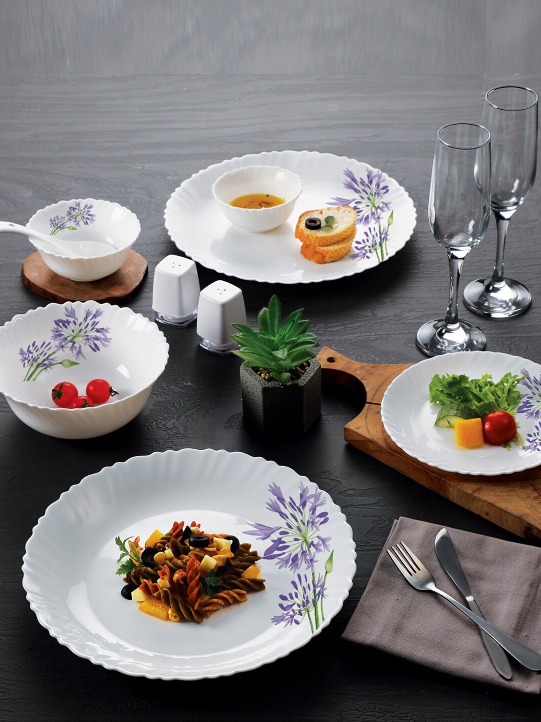 

Cello White & Purple Set Of 19 Floral Dazzle Verbena Opalware Glossy Dinner Set