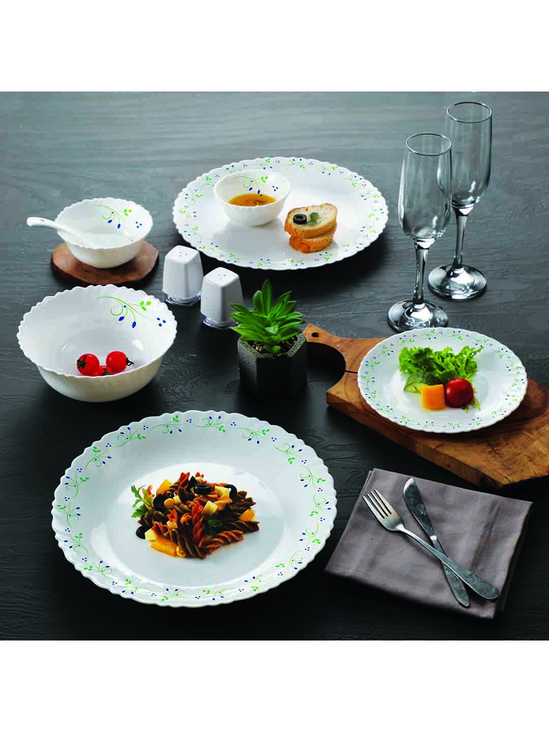 

Cello 13 Pcs White & Green Dazzle Tropical Lagoon Printed Opalware Matte Dinner Set