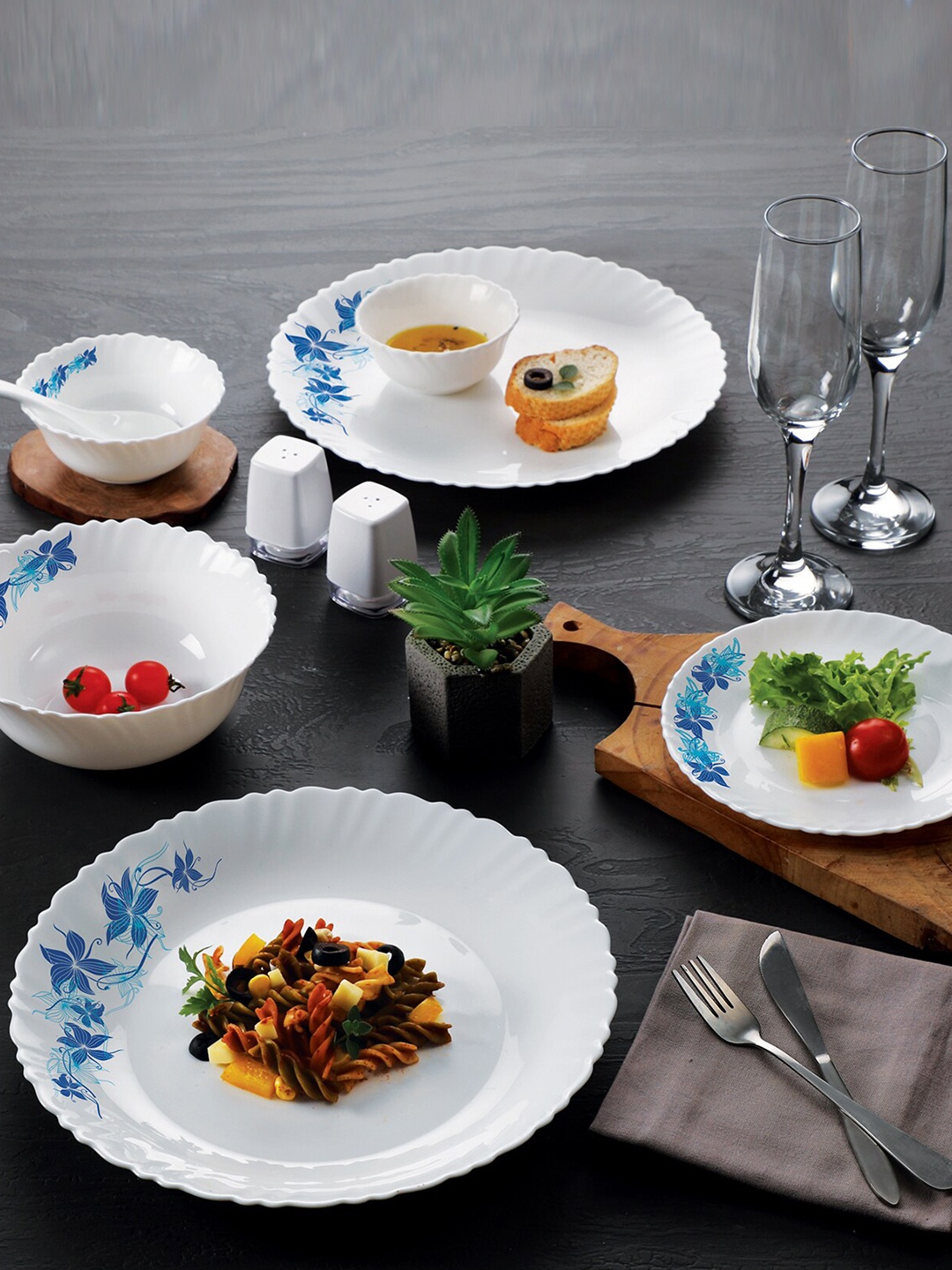 

Cello White & Blue 35 Pieces Dazzle Blue Swirl Printed Opalware Glossy Dinner Set