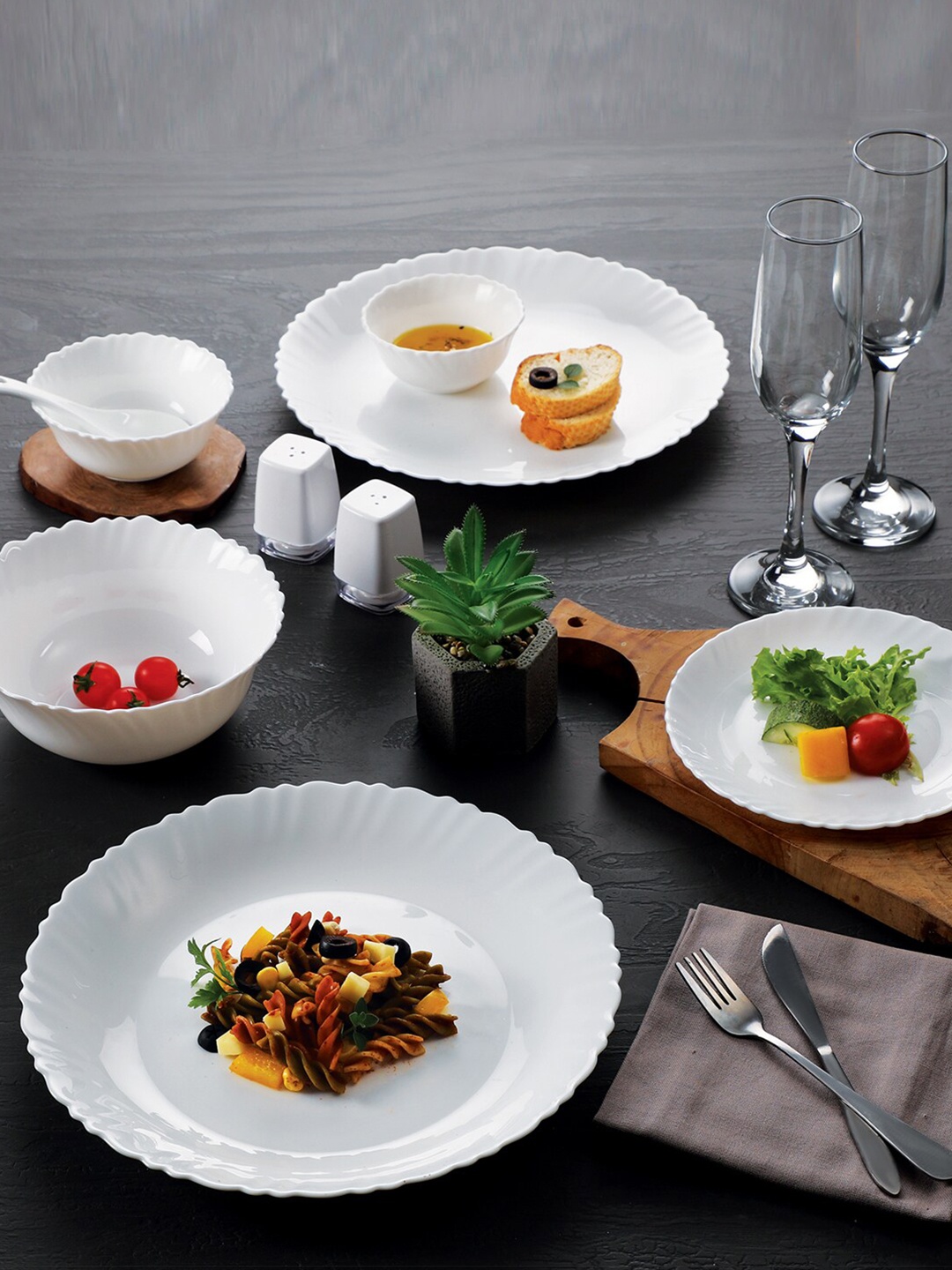 

Cello Set Of 19 White Opalware Dazzle Plain Dishwasher Safe Dinner Set