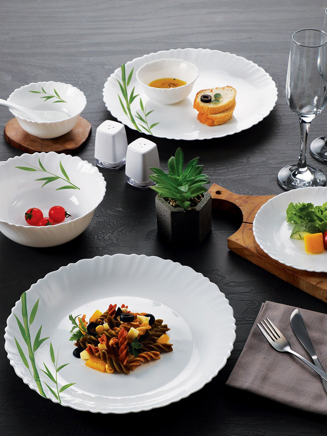 

Cello Dazzle Set of 37 Microwave and Dishwasher Safe Bamboo Grove Opalware Dinner Set, White
