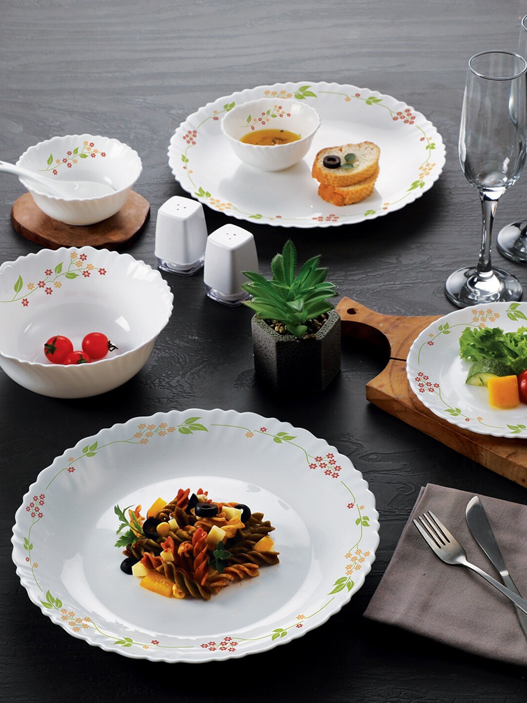 

Cello Set Of 27 White & Green Floral Dazzle Secret Garden Opalware Glossy Dinner Set