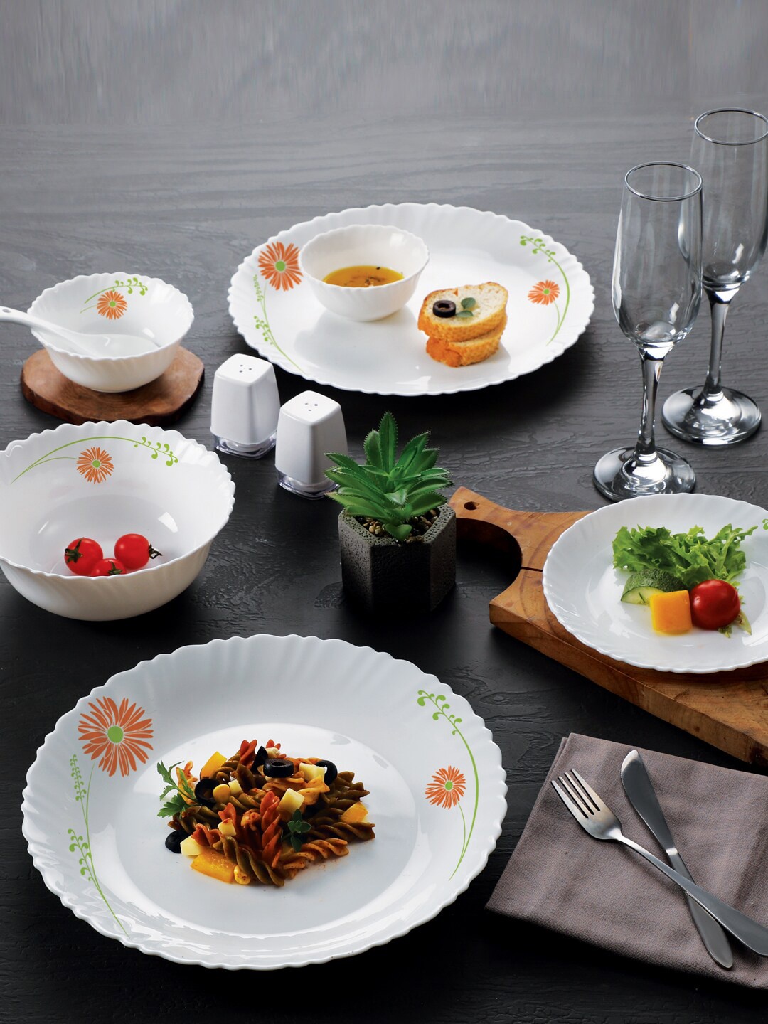 

Cello White & Orange 19 Pcs Dazzle Livid Lilac Printed Opalware Matte Dinner Set