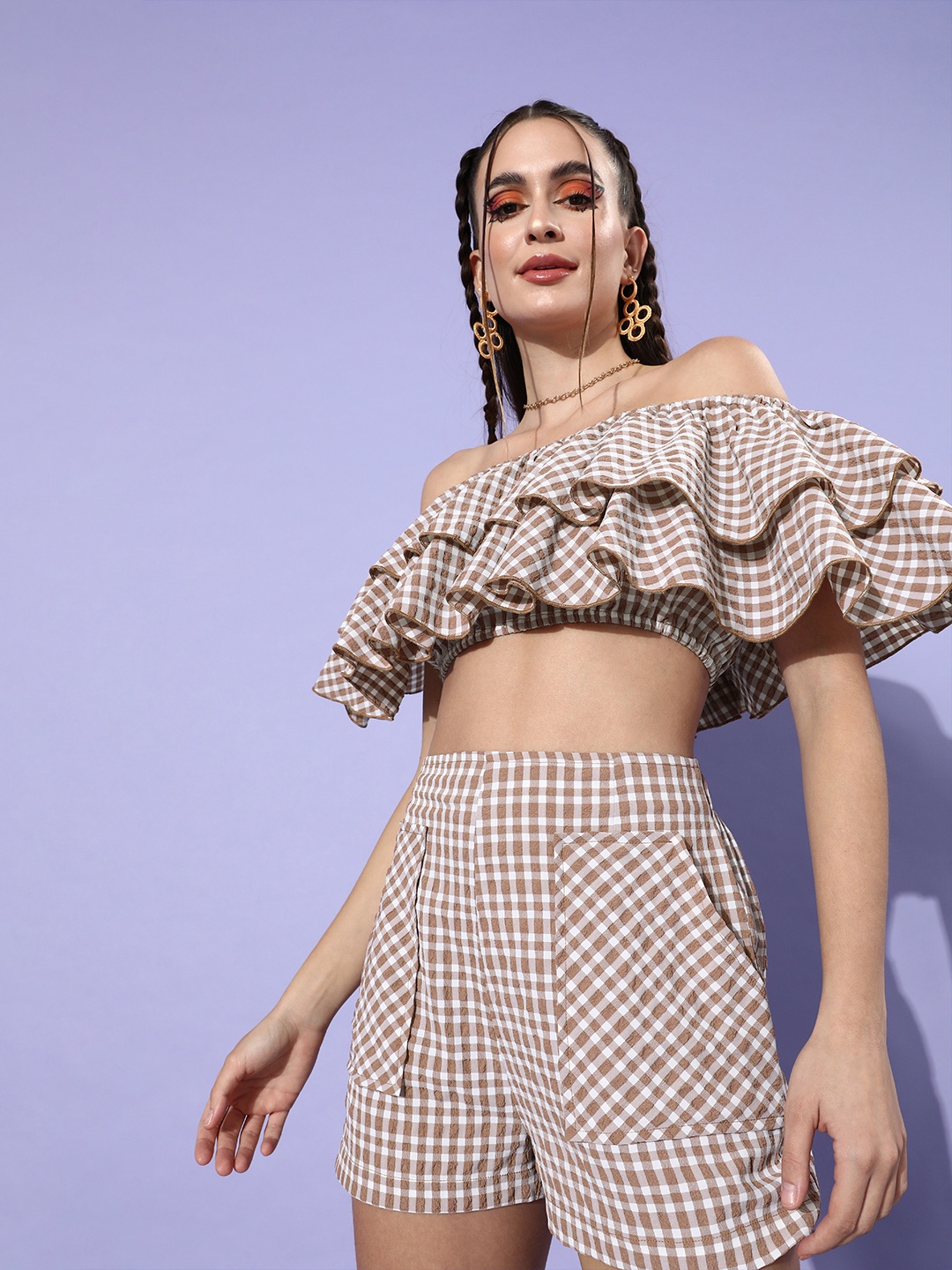 

KASSUALLY Women Chic Brown Checked Summer Gingham Top